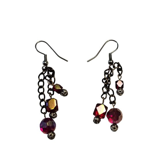 Swarovski AB Red & Silver Beaded Dangle Earrings Silver Hook Back - Picture 4 of 7